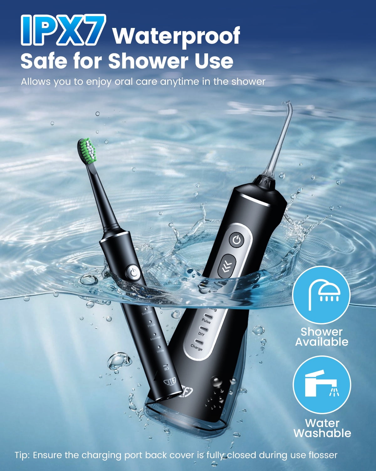 JTF 2-in-1 Oral Clean Kit- Electric Toothbrush & Water flosser Combo with Multiple Modes, 5 Brush Heads and 5 Jet Tips, Brushing & Flossing- Rechargeable for Teeth Cleaning and Gum Health, Black