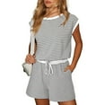 thumbnail image 2 of Lenpel Women's Summer Casual Rompers Cap Sleeve Crew Neck Striped Short Jumpsuits Lounge Overalls with Pockets, 2 of 4