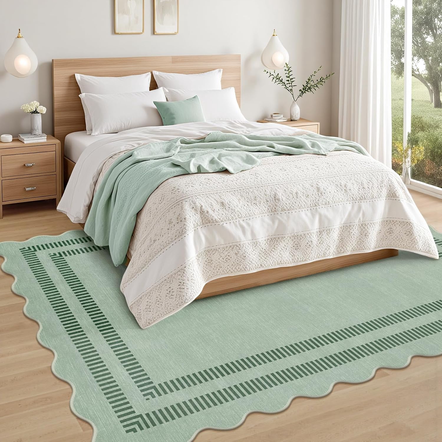 Scalloped Rug 5x7, Green Rugs for Living Room Ultra-Thin, Washable Area Rug Soft Rugs Non-Slip Throw Carpet for Bedroom ‎Dining Room Playroom