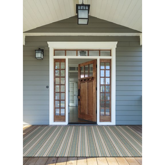 Couristan 3.75' x 5.5' Striped Geometric Outdoor Area Throw Rug - Blue and Ivory