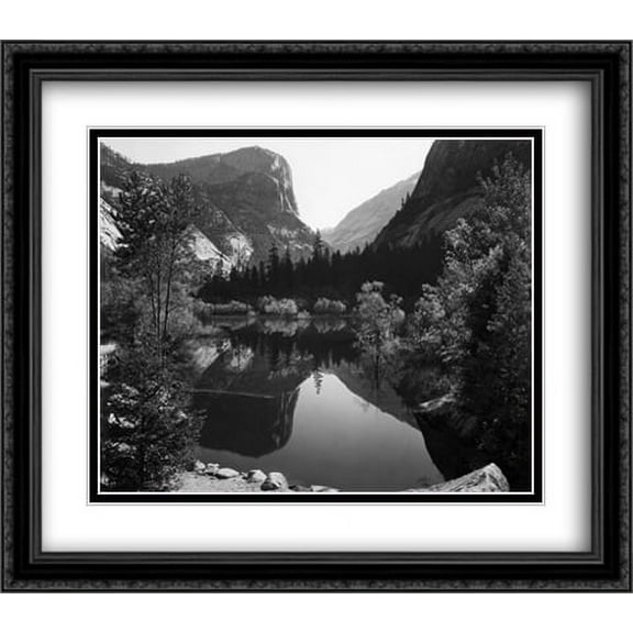 Mirror Lake, Morning, Yosemite National Park 2x Matted 32x28 Large Black Ornate Framed Art Print by Ansel Adams