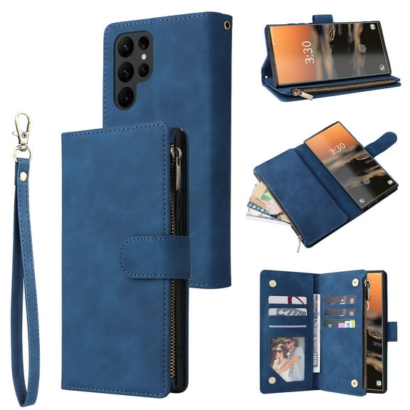 Phone Case for Samsung Galaxy S23 Ultra, Galaxy S23 Ultra Wallet Case with Zipper for Women Men, PU Leather Magnetic Flip Kickstand Closure Wrist Strap Zipper Card Holder Phone Cases, Blue
