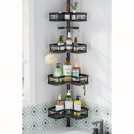 Corner Shower Caddy Tension Pole Adjustable Shower Organizer Corner 62-115 Inch Rustproof Bathroom Storage Shower Shees Black