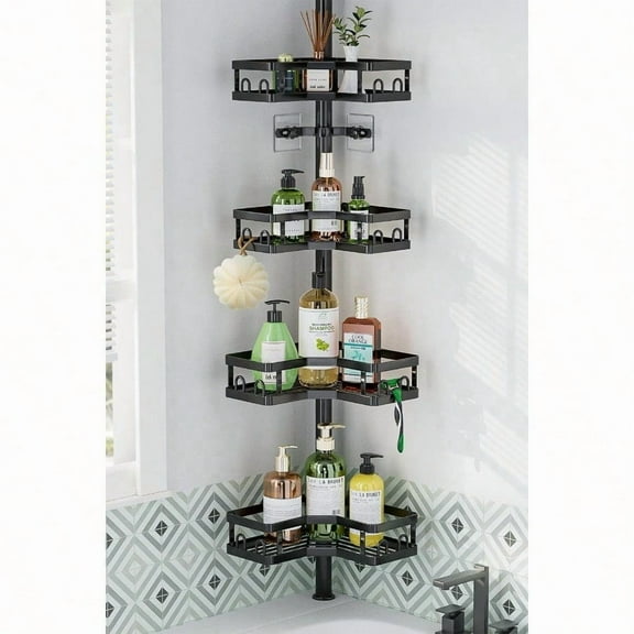 Corner Shower Caddy Tension Pole Adjustable Shower Organizer Corner 62-115 Inch Rustproof Bathroom Storage Shower Shees Black