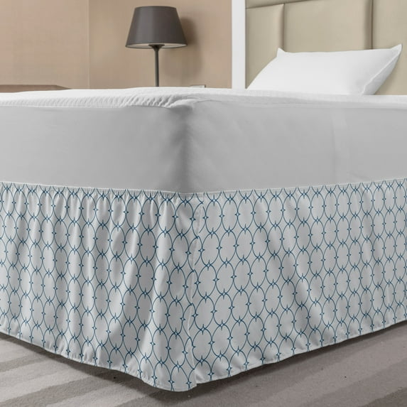 Vintage Bed Skirt, Diagonal Checkered Squares with Delicate Elliptic Details Simplistic Retro Design, Elastic Bedskirt Dust Ruffle Wrap Around for Bedding Decor, 4 Sizes, Blue White, by Ambesonne