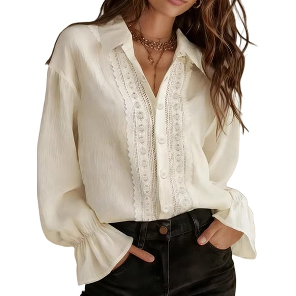 Women Elegant Solid Lace Collared Long Sleeve Button Shirts Business Work Tops Casual Loose Blouse Color S