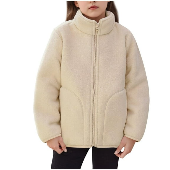 OGLCCG Girls Winter Sherpa Coat Full Zip Stand Collar Long Sleeve Warm Fuzzy Fleece Jacket with Pockets Solid Color Thermal Outwear 1-15 Years
