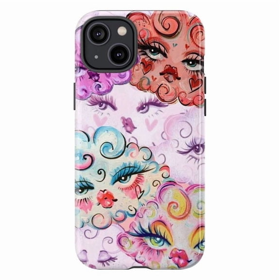 Whimsical Cloud Face Art Phone Case, Colorful Swirl Aesthetic Protective Cover for iPhone 16 15 14 13 12 11 Pro Max Plus Mini