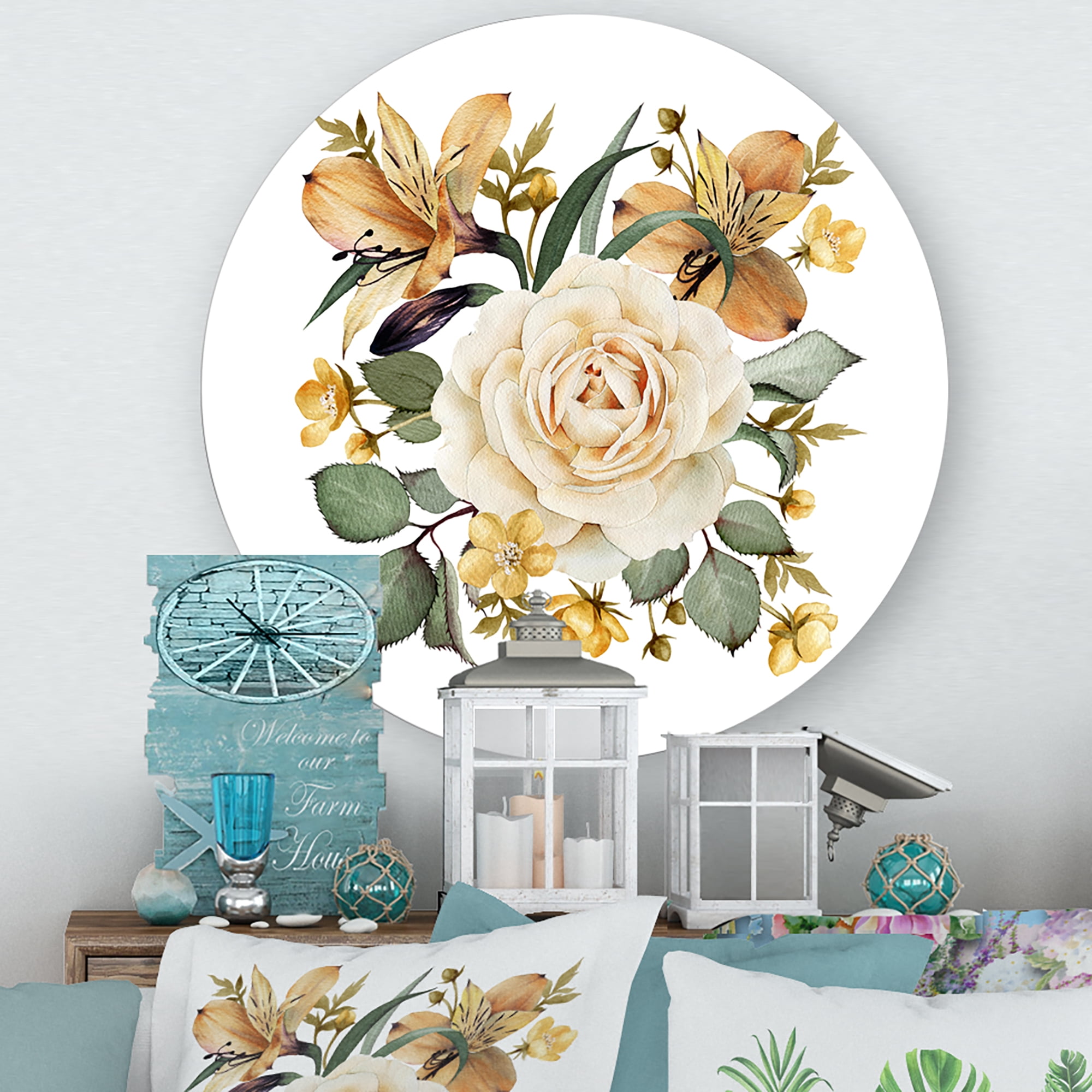 Designart 'Ancient White Rose' Traditional Circle Metal Wall Art 23x23 - Disc of 23