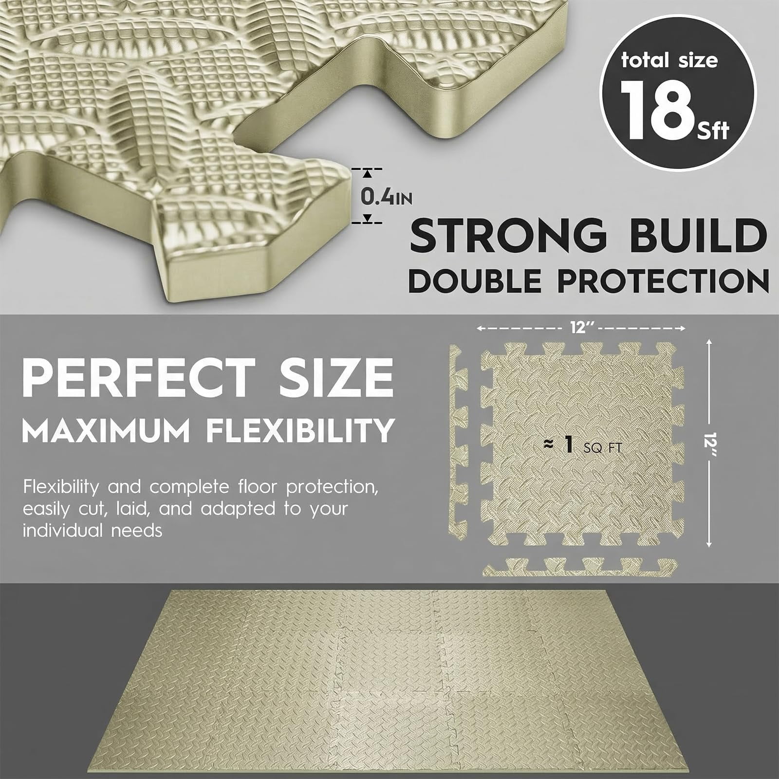 18 Tiles Puzzle Exercise Mat, EVA Interlocking Foam Floor Tiles, Non-Slip, Protective, Water-Resistant Flooring for Home Gym & Workout Equipment, 12.6" x 12.6" x 0.4", 18 Sq Ft