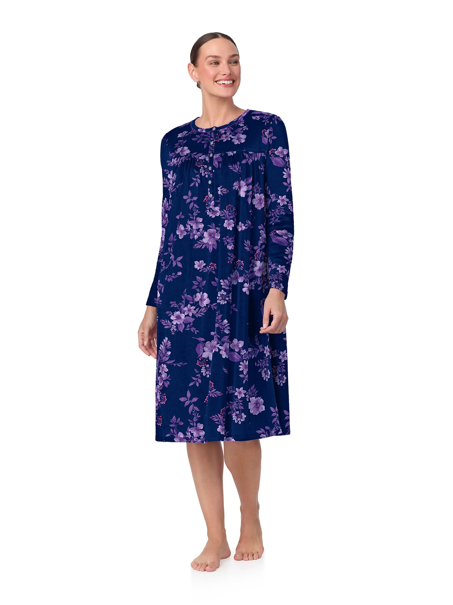 Aria Women’s Long Sleeve Stretch Velour 44" Sleepwear Nightgown, Sizes XS-5X