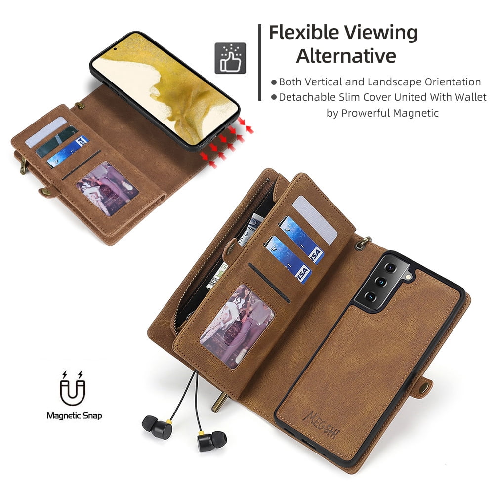 Allytech Case for Samsung S22 Cover for Galaxy S22 2022(6.1"), Durable PU Leather Magnetic Flip Lanyard Wristlet Strap Zipper Card Holder Phone Wallet Case for Galaxy S22 [5G], Brown