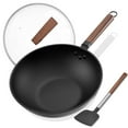 thumbnail image 1 of Wok de acero al carbono Todlabe (incluye tapa de vidrio y espátula de silicona), wok de 13 pulgadas y sartenes para saltear, apto para cocinas de inducción, eléctricas y de gas., 1 of 5