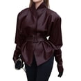 thumbnail image 3 of Women'S Faux Leather Jacket with Stand-Up Collar and Belted Waist Wine Red S, 3 of 10