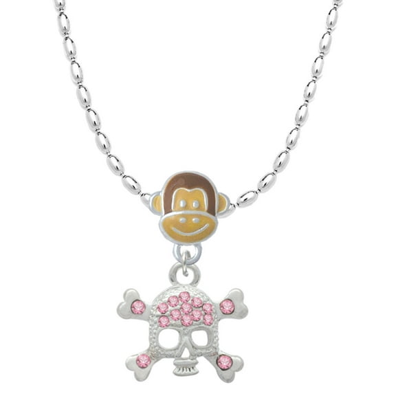 Delight Jewelry Silvertone Skull and Crossbones with Pink Crystals Mia Monkey Charm Necklace