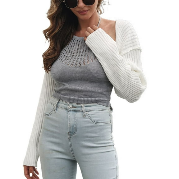 SWSMCLT Women's Long Sleeve Crop Bolero Shrug Sweater Casual Drop Shoulder Top Soft Fall Knit Cardigan Slim White X-Large