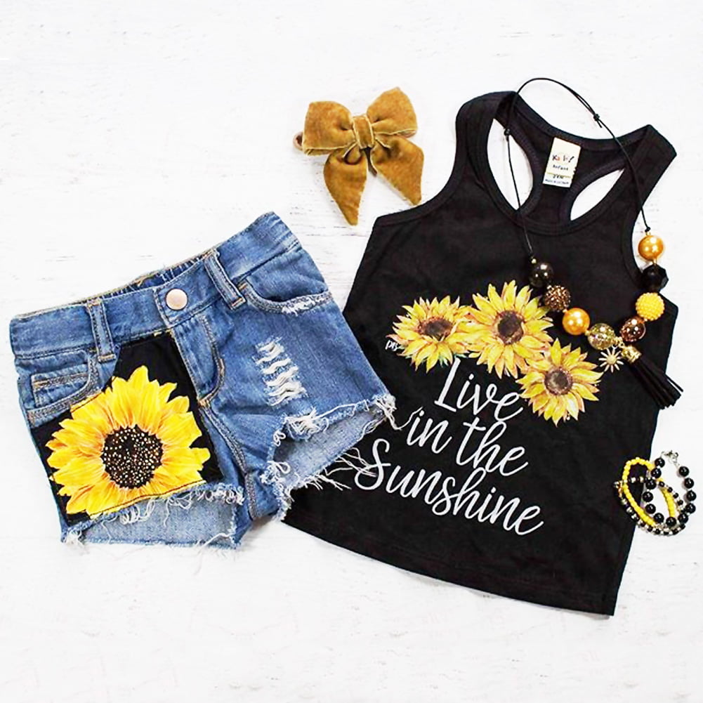 Kucnuzki Toddler Girl Outfit Baby Girl Sunflower Clothes Ruffle Sleeveless Linen Shirt Kid Sunflower Short Pants Set for Girl