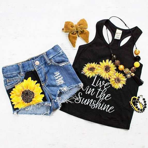 Sinhoon Toddler Baby Kids Girl Summer Clothes Live in The Sunshine Sunflower Vest Tank Tops+Denim Short Pants Outfit Set 5-6 Years