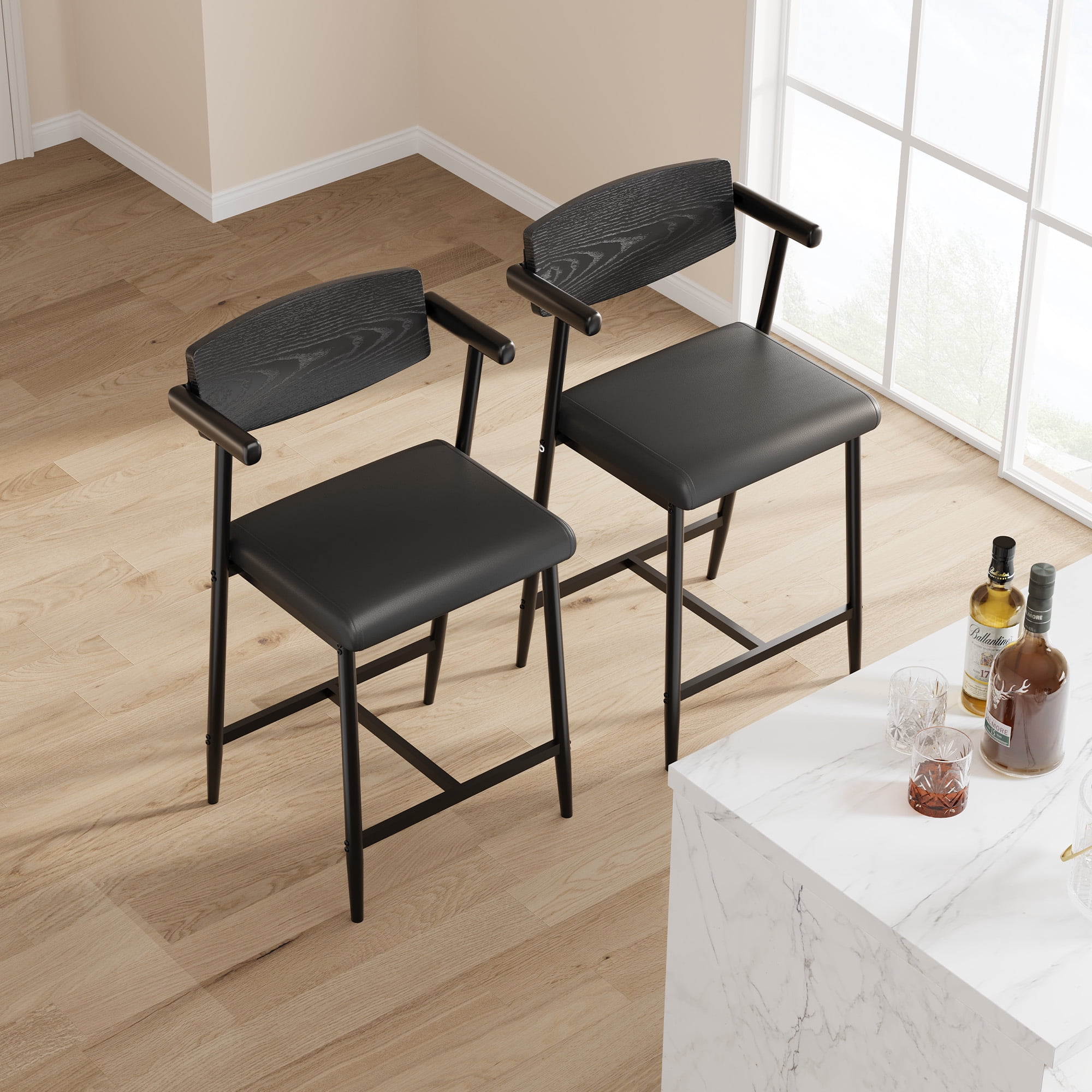 Modern Set of 2 Counter Height Bar Stools with Arms, Wooden Backrest, Wide Upholstered Seat, Metal Footrest – Easy Assembly, Perfect for Kitchen Island, Home Bar, Classic Black, Wooden Backrest