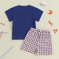 thumbnail image 5 of kaprioy Baby Toddler Boys Summer Shorts Clothing Set, 6 9 12 18 24 Months Short Sleeve Independence Day USA Letters Embroidery T-shirt with Plaid Elastic Waist Shorts 2Pcs Outfits, 5 of 8