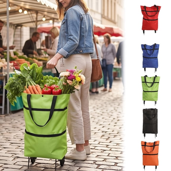 Foldable Wheeled Shopping Tote Bag, Portable Rolling Grocery Bag with Wheels, Expandable Reusable Tote for Supermarket, Market, Picnic, Travel