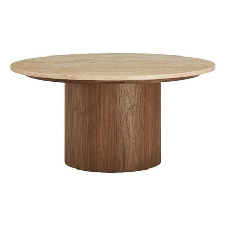 Pemberly Row Contemporary Natural Travertine Top Coffee Table in Walnut