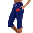thumbnail image 1 of Pantalones capri de lino para mujer 2025: cintura con cordón, bolsillos estampados, largo cropped para ropa informal y de resort., 1 of 3