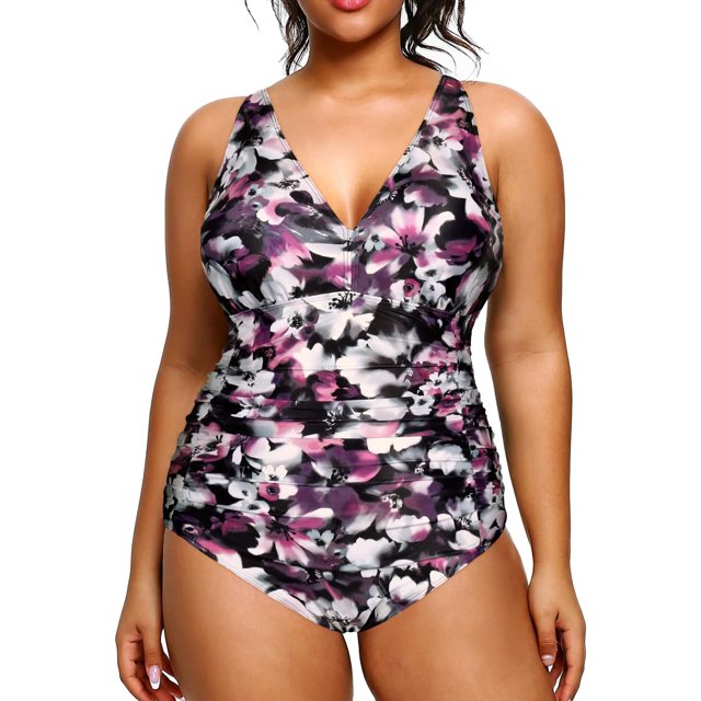 GHSDFBB Women Plus Size One Piece Swimsuits V Neck Tummy Control Bathing Suits Retro Ruched Swimwear