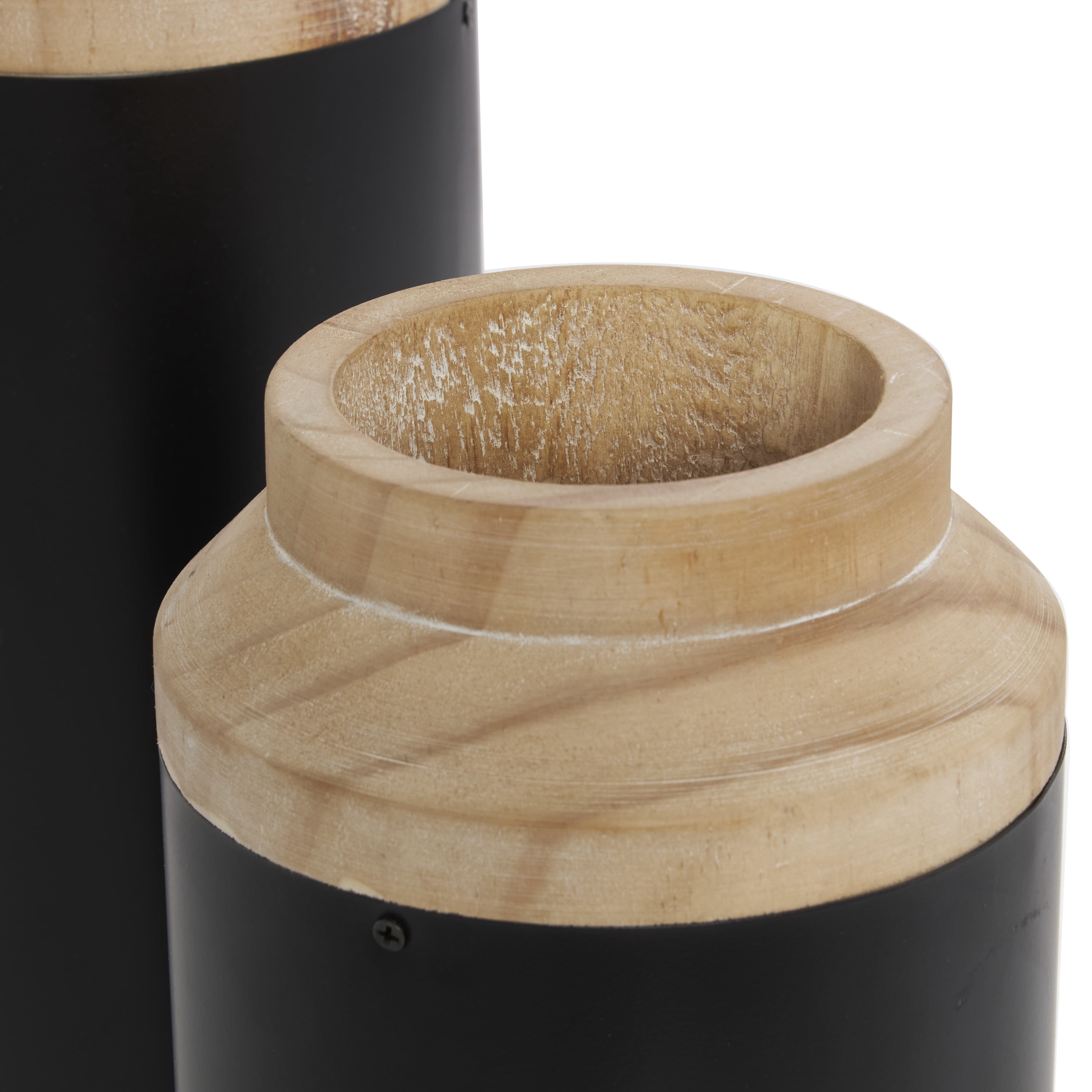 DecMode 12", 10"H Colorblock Black Wood Vase with Light Brown Wood Tops, Set of 2
