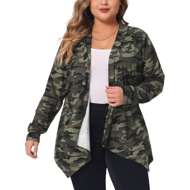 Cárdigan de mujer plus size Agnes Orinda, con estampado de leopardo y flores, chaqueta ligera de frente abierto, cárdigan de punto para otoño, 2X camuflaje