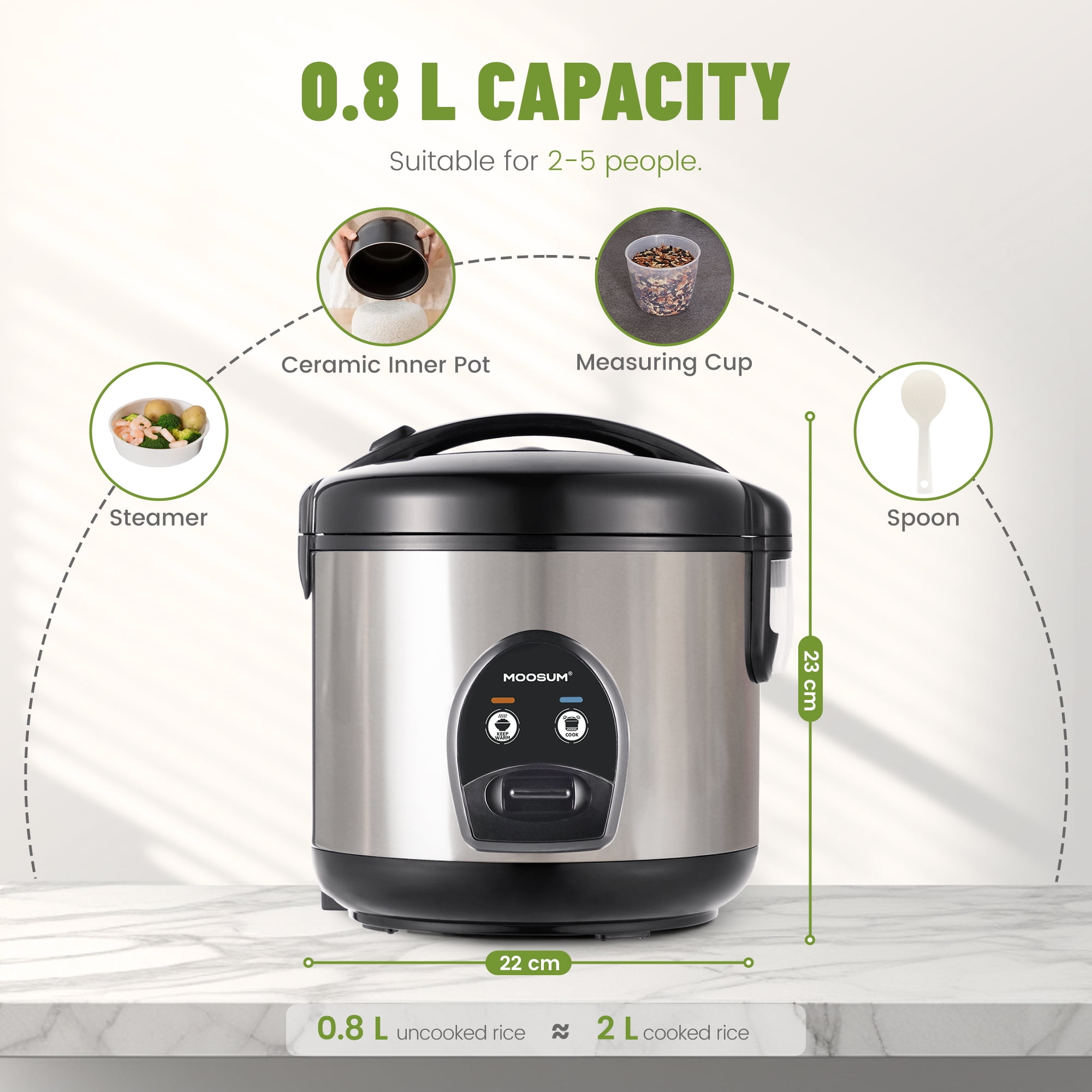 MOOSUM Electric Rice Cooker with One Touch for Asian Japanese Sushi Rice, 5-cup Uncooked, Fast&Convenient Cooker with Steamer, Removable Inner Cover and Auto Warmer, Stainless Steel