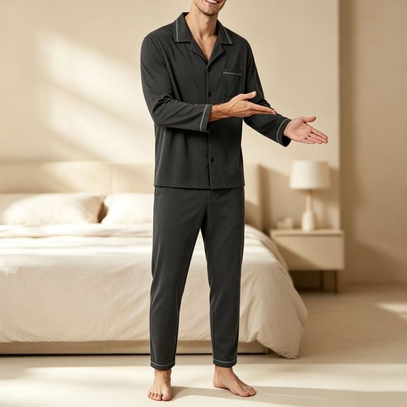 LWFFDAW Mens Pajamas Set Lightweight Long Sleeve Button Down Sleepwear Collar Pajamas Loose Comfy Loungewear Soft Pjs Set