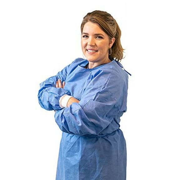 50-Pack Level 2 Disposable Isolation Gown Baluster Fully Closed Double Tie Neck and Waist, SMS 35g, Knitted Cuffs, Blue, Unisex