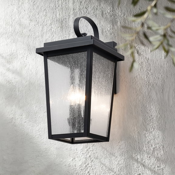 Large Black Outdoor Wall Sconce with Seeded Glass