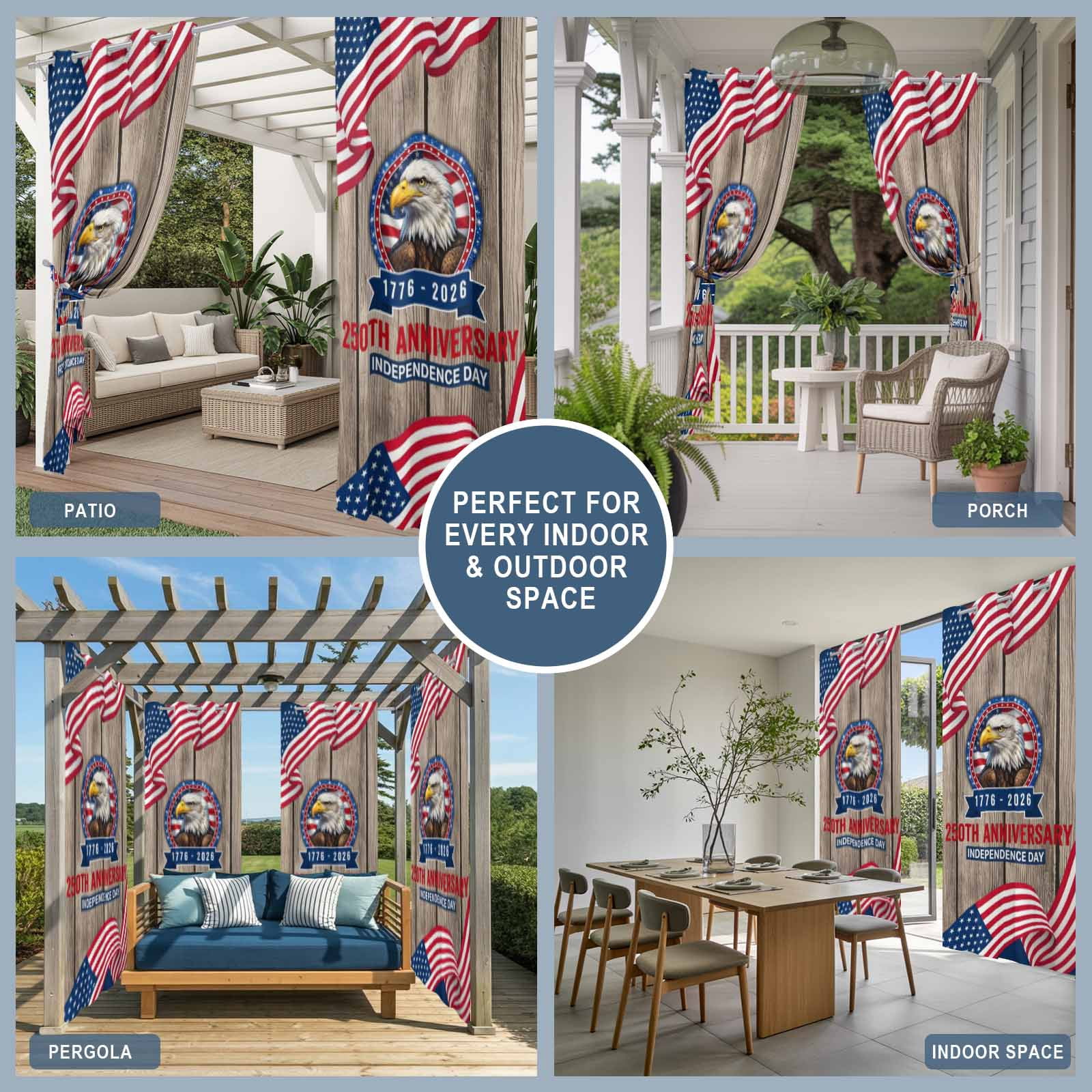 Anniversary Outdoor Curtains for Patio, Patriot Eagle USA Flag Independence Day Wood Sunshade Privacy Drapes Grommet Waterproof Outside Curtains for Porch/Cabana/Balcony 54"x 95", 1 Panel