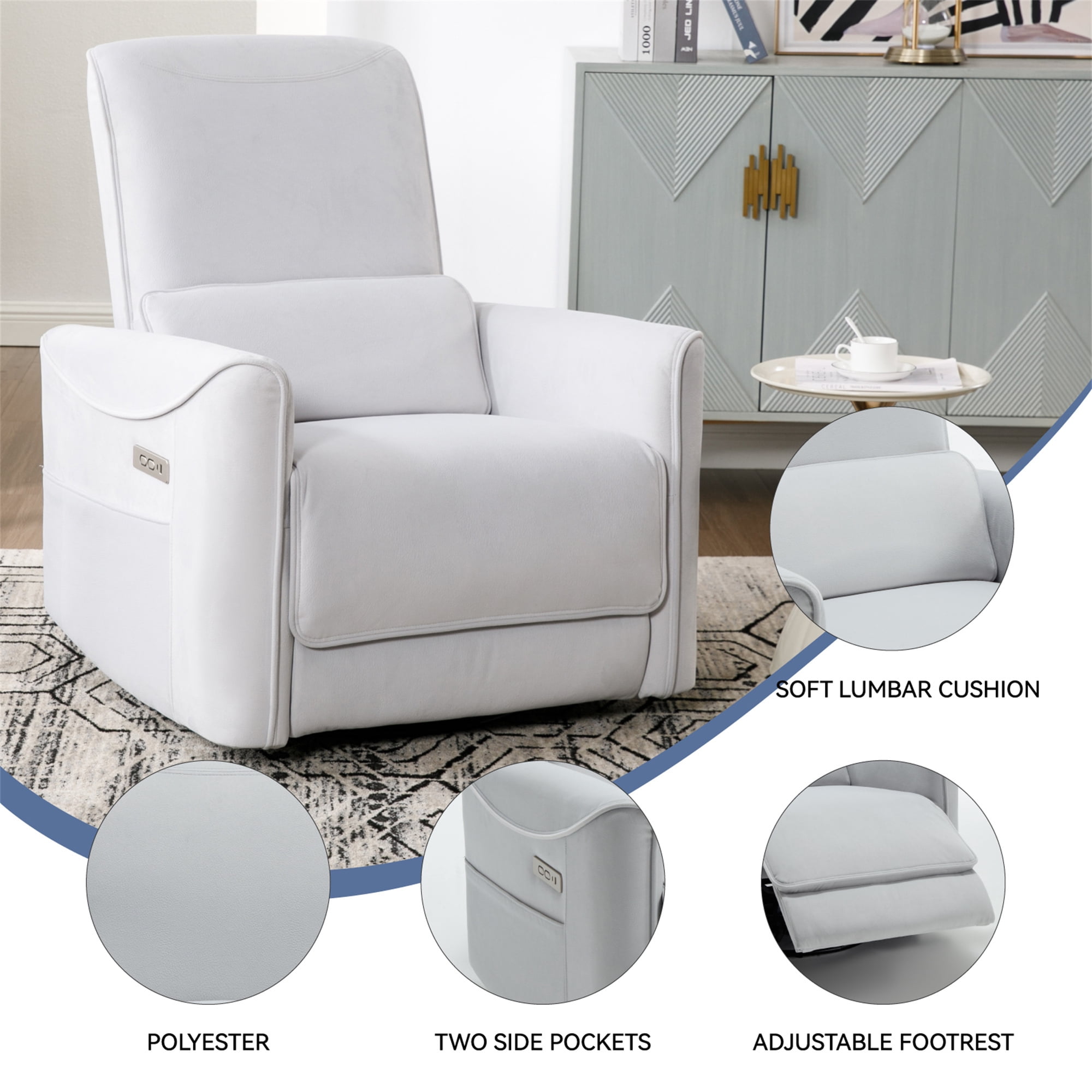 Aukfa Fabric Power Recliner Swivel Glider for Nursery with USB Charge Lumbar Support, Beige