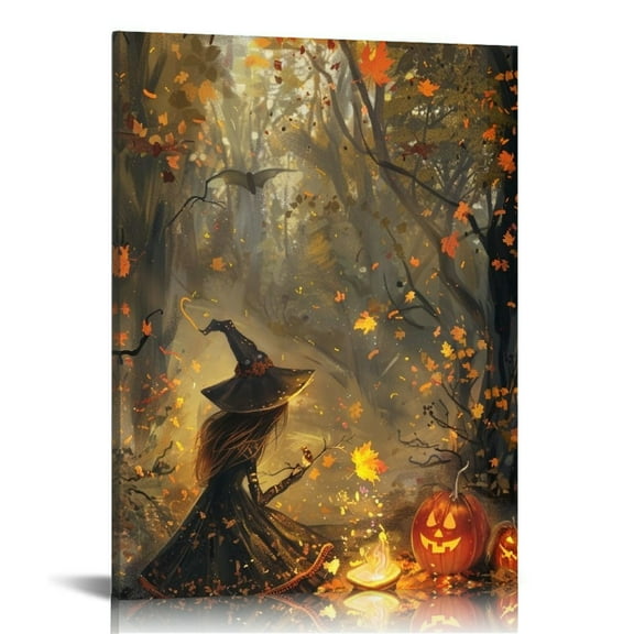 Vintage Halloween witche and Pumpkin Canvas Wall Art Painting,Gothic Print Pictures for Home Wall Decor Horror Creepy Dark Posters for Living Room Home Halloween Party Decor Framed