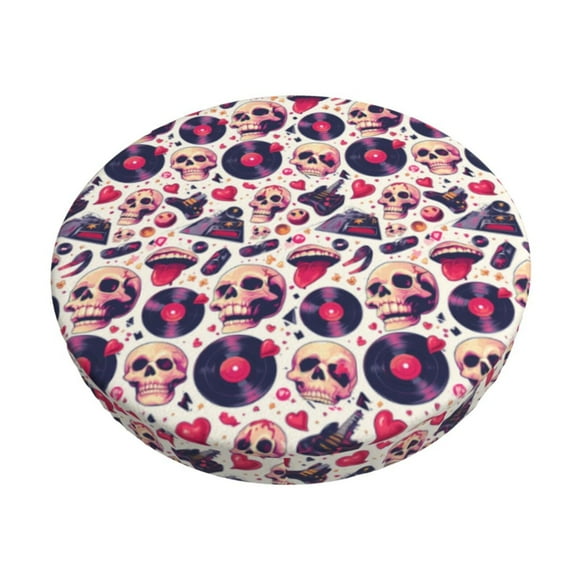 Disketp Skull lips record Guitar Funda Redonda para Taburete, Funda de Cojín para Silla de Bar Suave y Elástica-13 inch