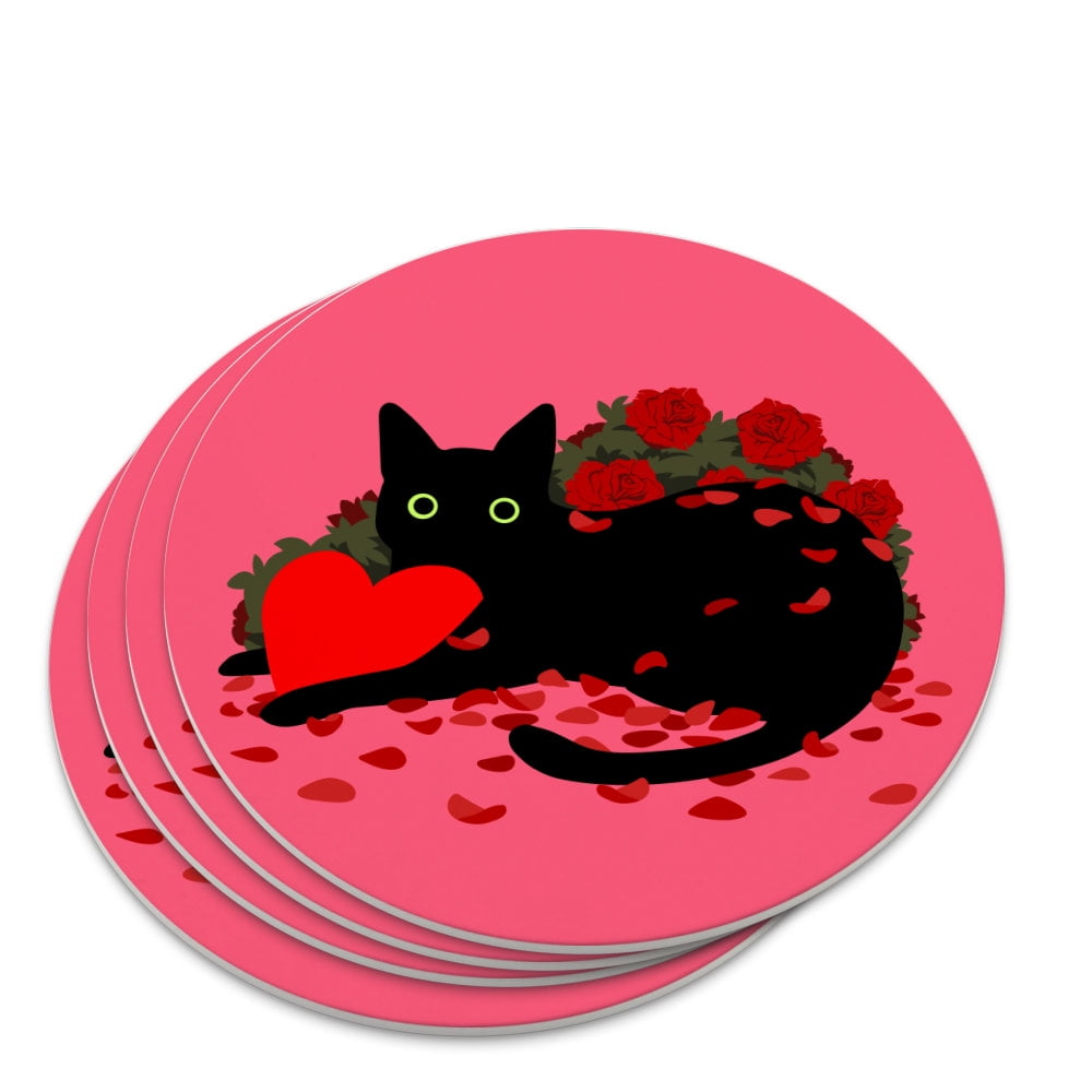 Black Cat Valentines Heart Rose Petals Love Novelty Coaster Set