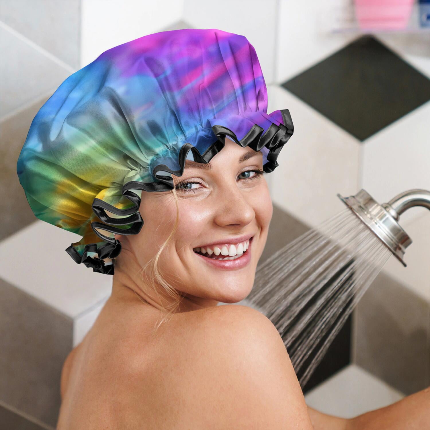 Shower Caps,Colorful Tie Dye Pattern Waterproof Shower Cap for Women 4 Pieces,Double Reusable Hair Cover for Shower PEVA Elastic Stretch Hem