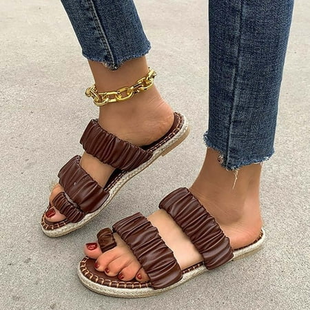 

〖Yilirongyumm〗 Coffee 38 Slippers For Women Fashion Summer Women Slippers Flat Solid Color Linen Sole Pleated Set Toe Comfortable Casual
