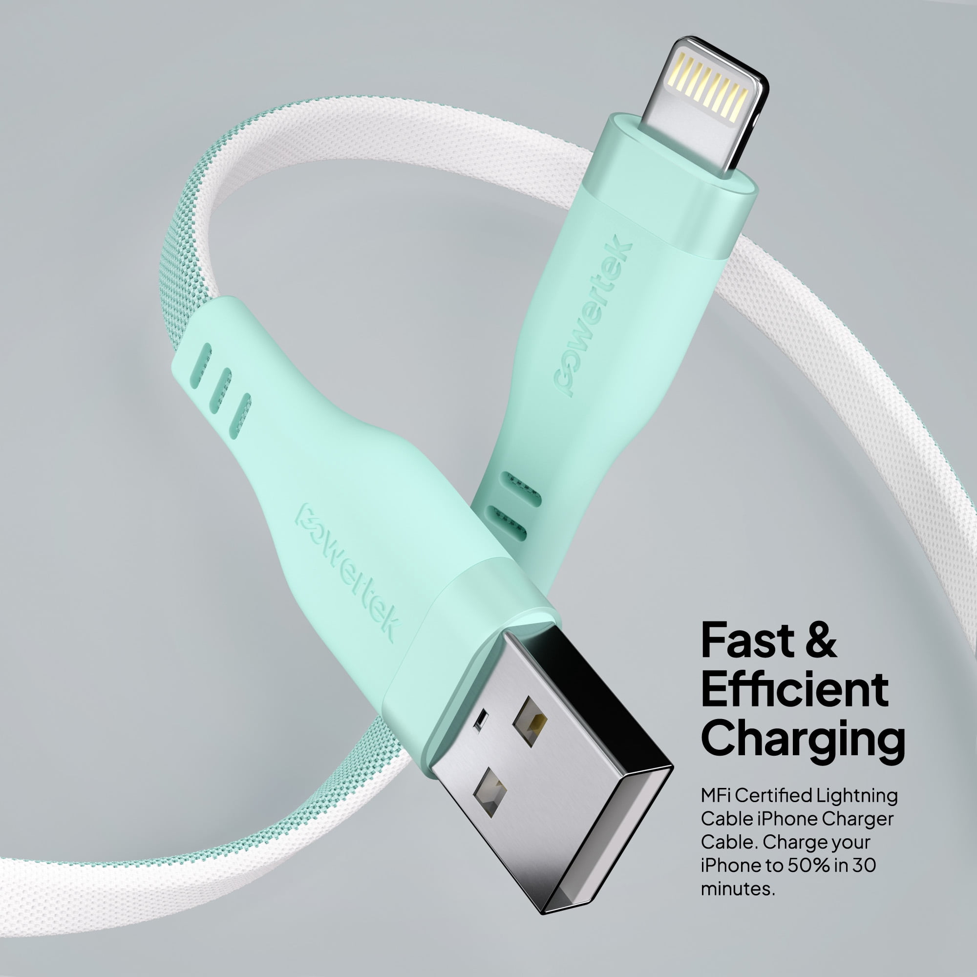 Powertek MFi USB-A to Lightning Two-Tone Pastel Fast Charge Cable, 6 ft, Mint