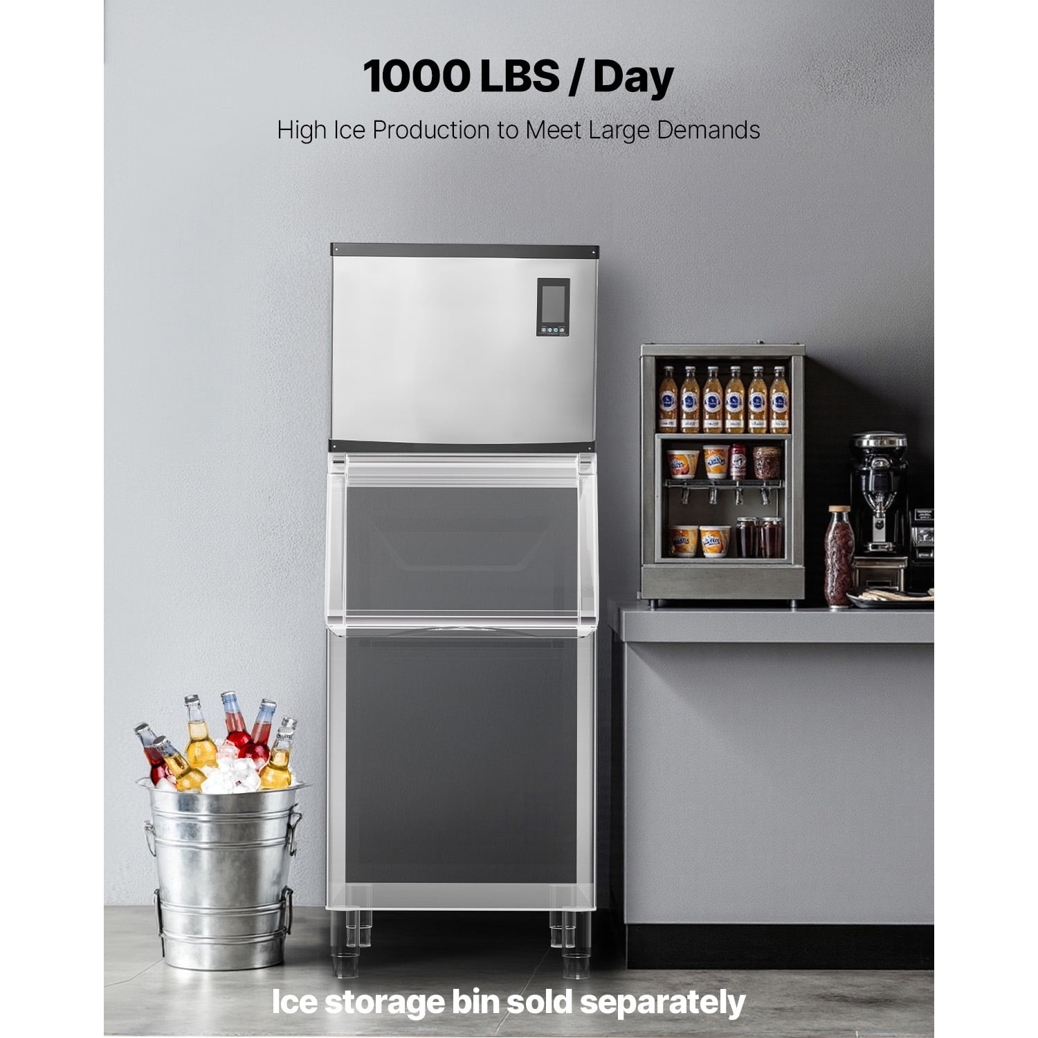 KFFKFF Commercial Ice Maker Machine - Produces 1000 Lbs/Day, Stainless Steel Build with Programmable Ice-Making, Self-Cleaning Function, Adjustable Ice Thickness, Perfect for Restaurants, Bars