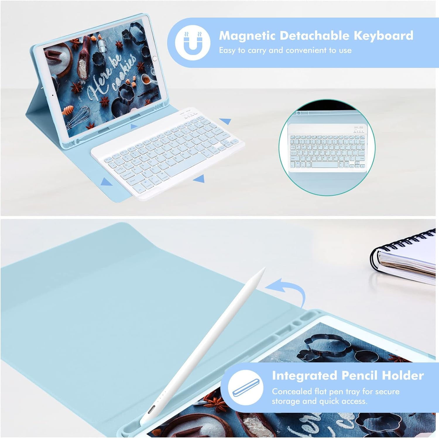 KOMI Wireless Keyboard Case for iPad 10.2" 9th 8th 7th Generation, Detachable Bluetooth Keyboard with Pencil Holder for iPad 10.2 Inch/iPad Air 10.5"(3rd Gen)/iPad Pro 10.5 in, Blue