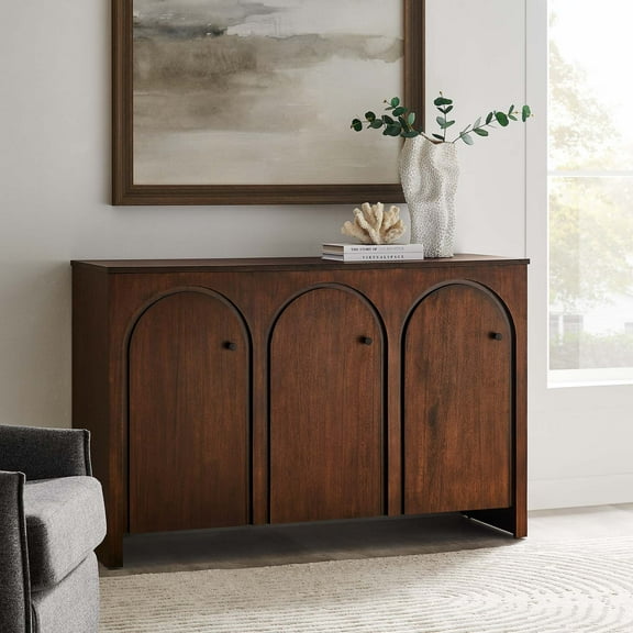 Modway Appia 3-Door Arched Door Sideboard Storage Cabinet in Walnut