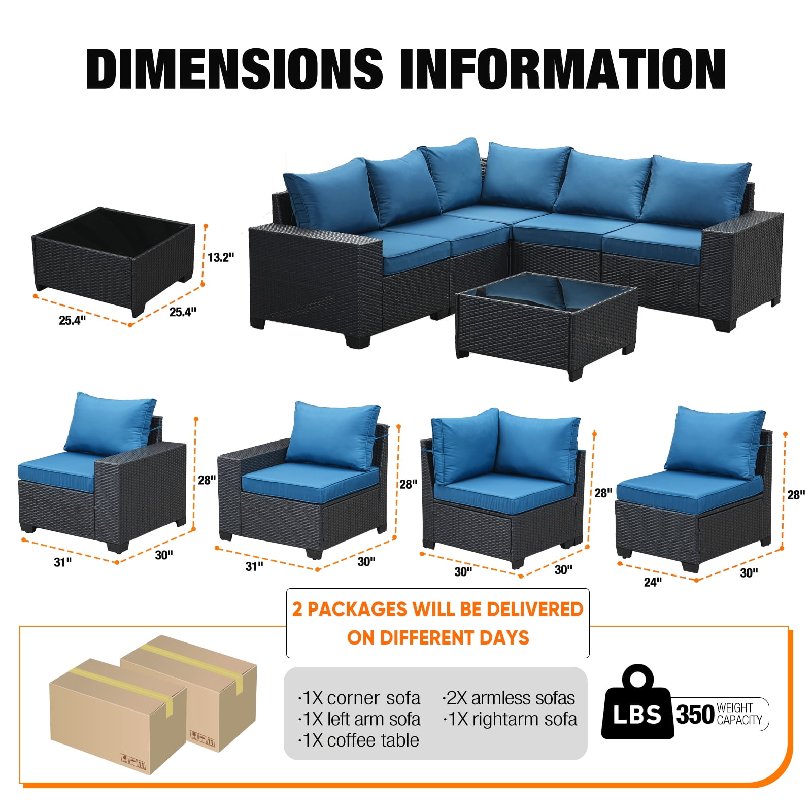 JOYURE 6 Pieces Patio Furniture set All-Weather Outdoor Wicker Sectional Conversation Sofa Rattan patio seating sofa with cushion and Glass Table and Ottoman for Porch Poolside,Peacock