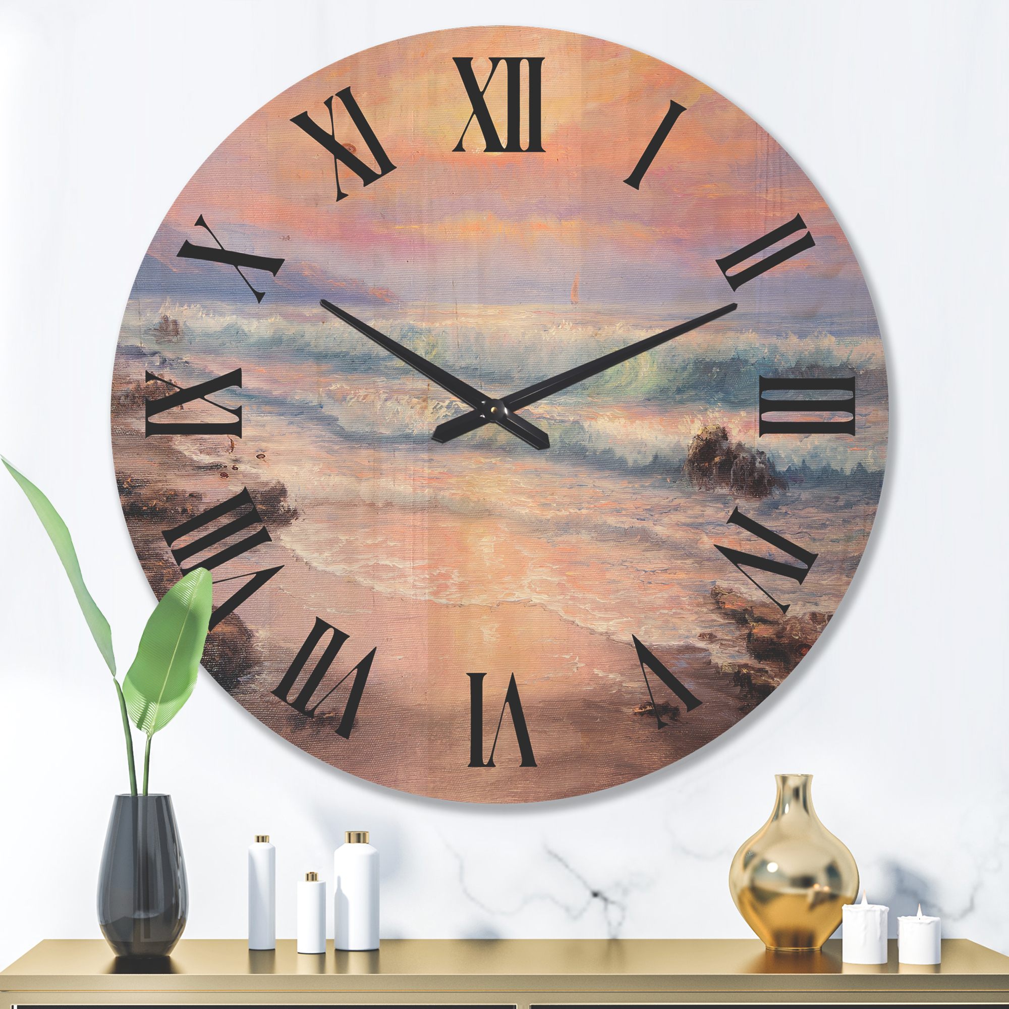 Designart 'Pastel Purple Sunset Glow Over Incoming Ocean I' Nautical & Coastal Wood Wall Clock