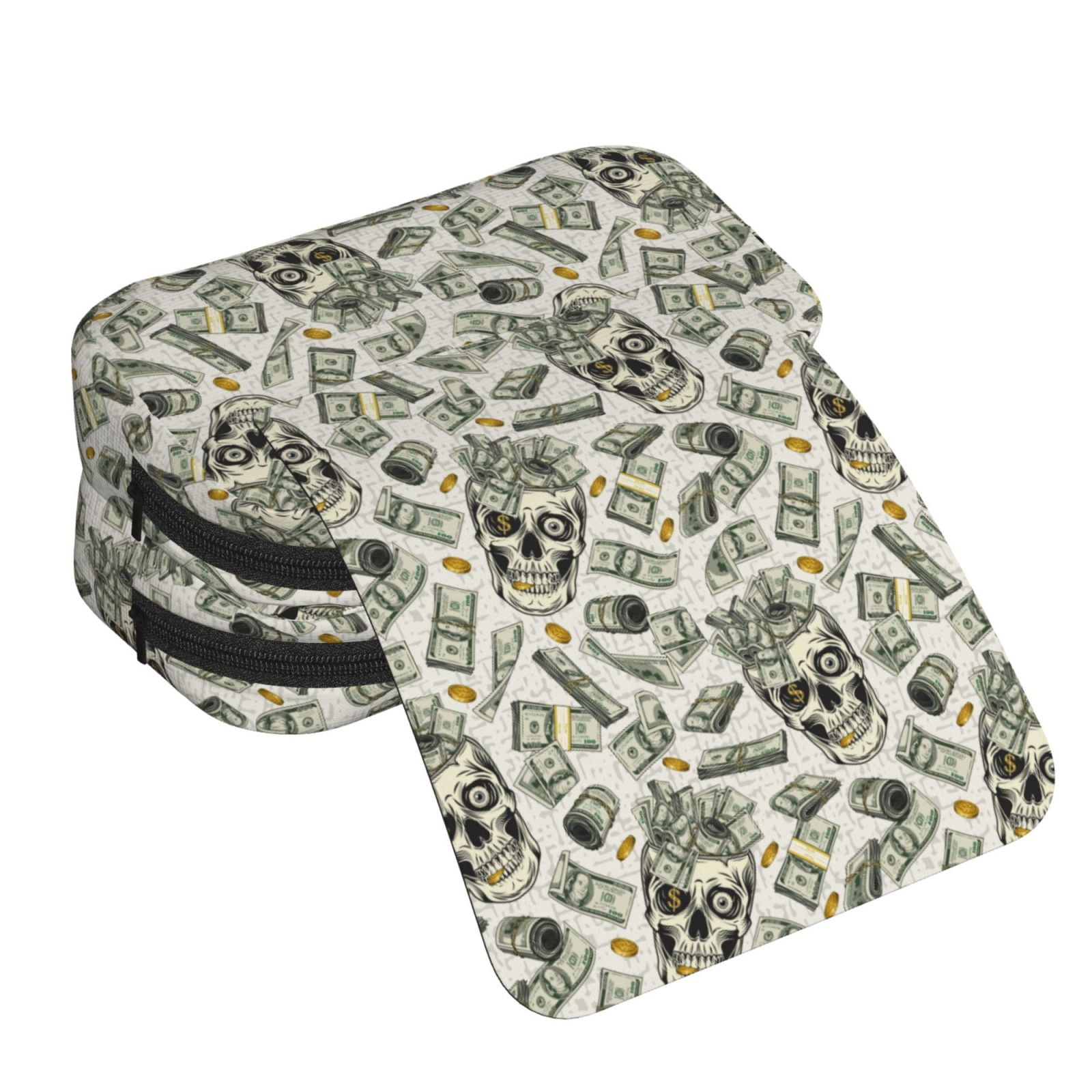 Rateoe Skull with Cash Pattern Double Clamshell Pen Case, Storage Organizer with Two Zipper Compartments– Holds Up to 50 Pencils & Pens