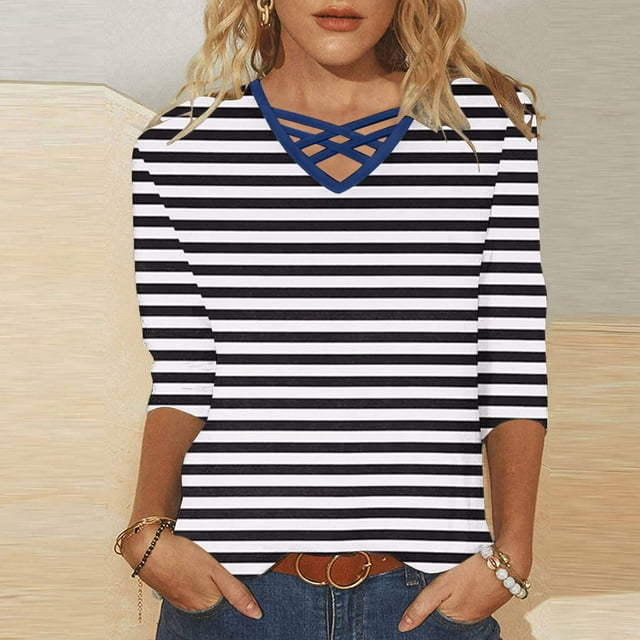 RXIRUCGD Haut à Manches 3/4 Col en V Mode et Décontracté pour Femmes, Noir, Taille : TG