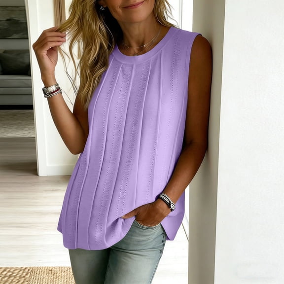 Noric Women Tank Tops Crew Neck Spring Summer Casual Smocked Chic Loose with Pleated Mesh Fashion Clothes
